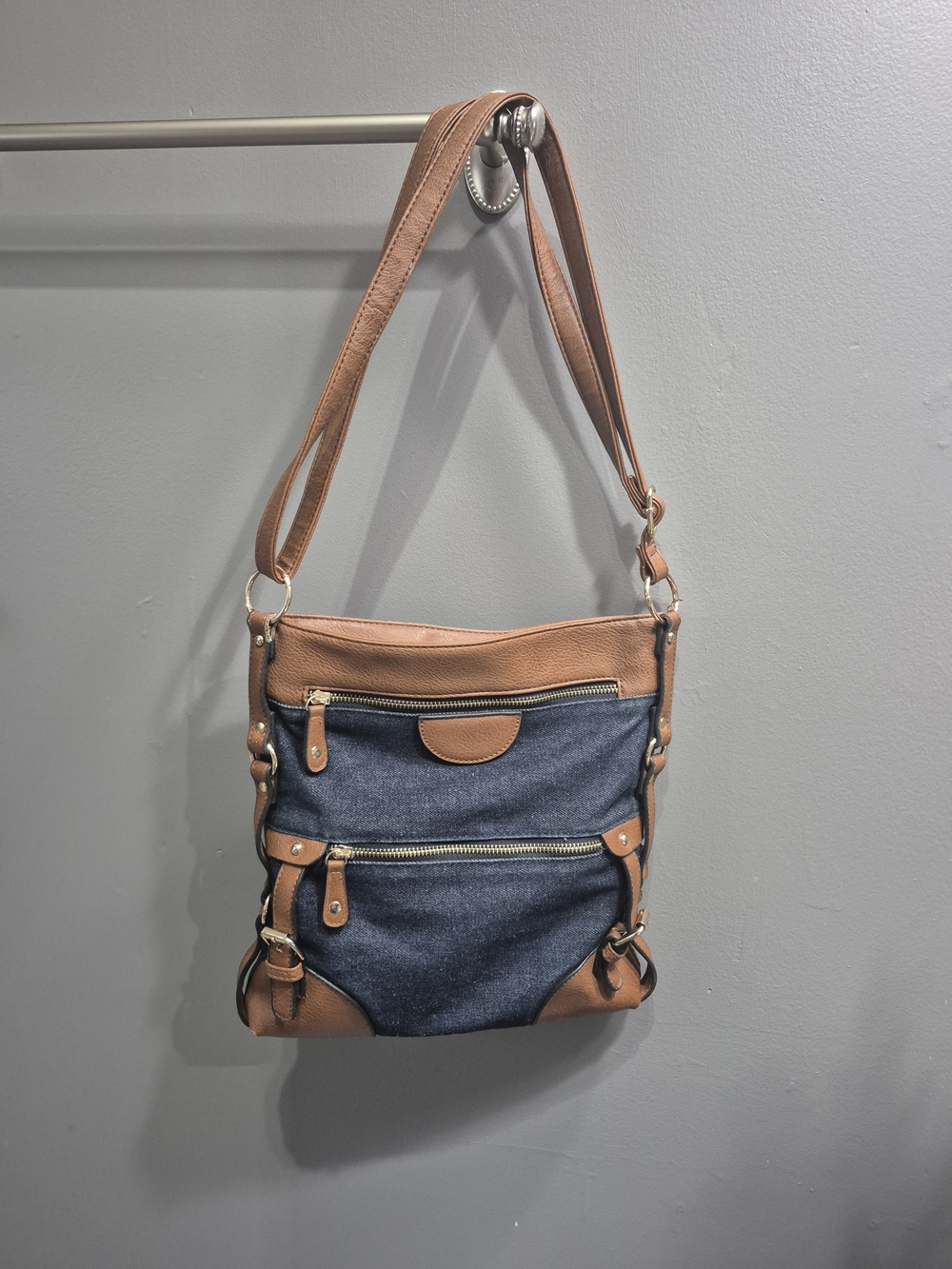 Women’s Crossbody/Shoulder Bag in Dark Blue Denim and Brown Faux Leather - Picture 4 of 12